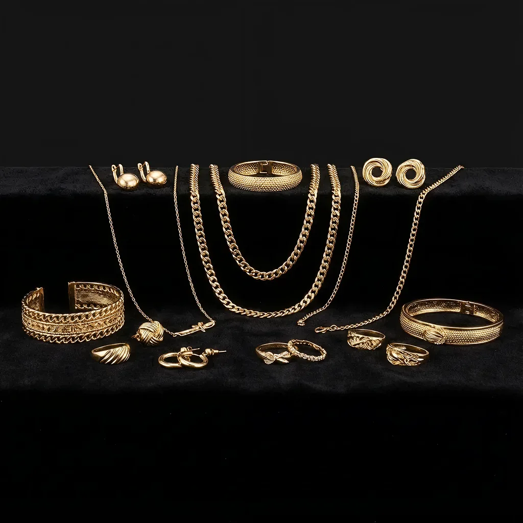Gold necklaces, earrings, and bracelets on velvet